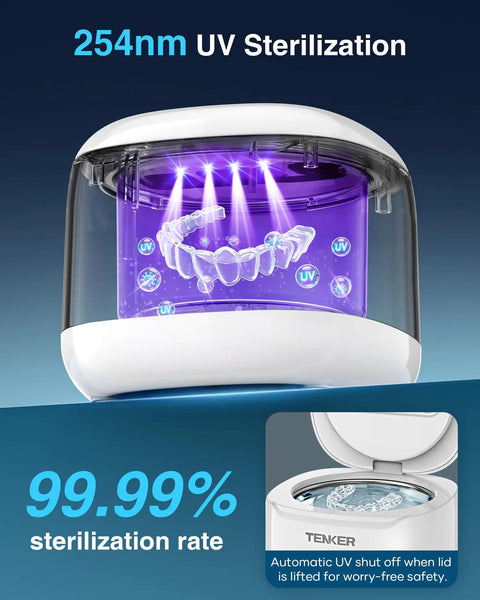 49kHz Ultrasonic Cleaner For Night Guards And Dental Gear with UV-C sterilization, showing purple light in 220ml white pod
