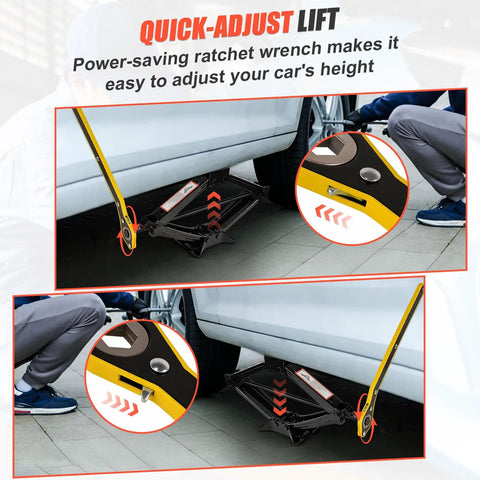 Heavy Duty Two Ton Scissor Jack With Four Thousand Four Hundred Nine Lb Capacity And Dual Rubber Grip Pads Built For No Sweat Low Clearance Suv Or Sedan Work adjustable with ratchet wrench.
