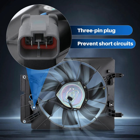 Direct Swap Radiator Cooling Fan And AC Condenser Assembly For Honda Crv 2002 To 2006 showing three-pin plug for connection.