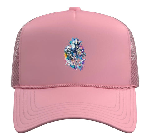 Fresh Pink Machinist Trucker Hat For Men Gift Featuring Vise Gauge Square Design Perfect CNC Tool Lover Mesh Back Adjustable Fit Cool Cap front view with colorful design.