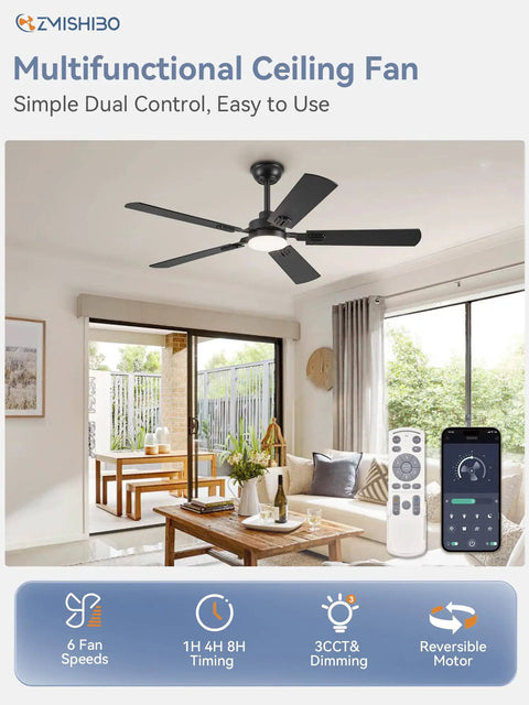 52 Inch Black Ceiling Fan With Lights, Modern Farmhouse Design, Remote and App Control, Dual Finish Blades, Quiet Yet Powerful Motor