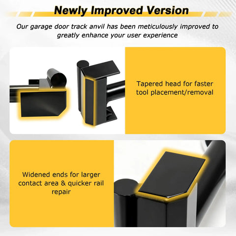 Heavy Duty Garage Door Vertical Track Repair Tool with Anvil Design showing improved tapered head and widened ends design.