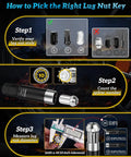 How to Pick the Right Lug Nut Key guide showing 6, 7, 10 spline lug nut styles with measurement tool for accurate fit.
