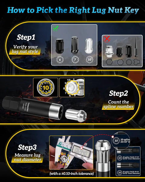 How to Pick the Right Lug Nut Key guide showing 6, 7, 10 spline lug nut styles with measurement tool for accurate fit.