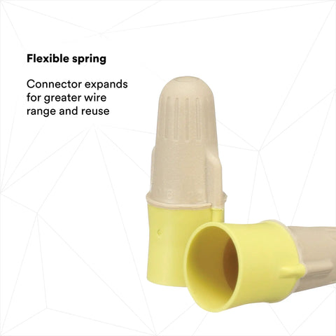 Pro Grade Dual Color Tan Yellow Wire Connector Jug Of 500, Twist On, T Y Jug, flexible spring, close-up view.