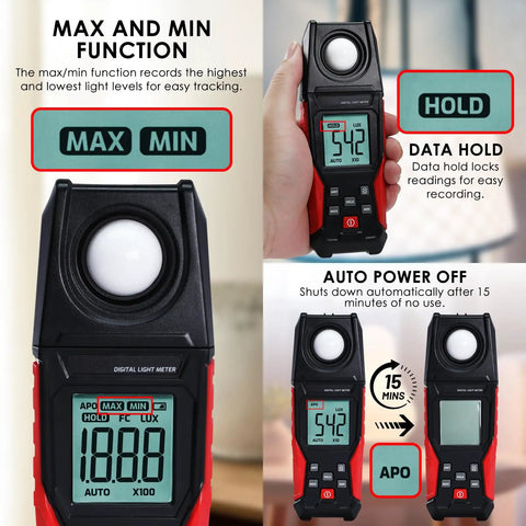 Handheld Lux Meter With Big LCD Display Data Hold And Backlight Fast Read High Accuracy For Indoor Outdoor Light Measurement 0.1 To 200000 Lux Wide Range Perfect For Photography Studio Gardening And Plant Growth, front view