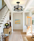 Farmhouse Dope Semi Flush Mount Ceiling Light Black Industrial Two Light Fixture With Metal Cage in a bright entryway