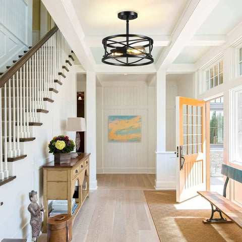 Farmhouse Dope Semi Flush Mount Ceiling Light Black Industrial Two Light Fixture With Metal Cage in a bright entryway
