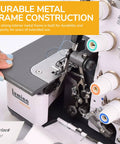Workhorse Serger Sewing Machine With 3 And 4 Thread Capability, Durable Metal Frame, showing the threading and tension dials