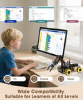Programmable Robotic Arm Kit With 5DOF For Kids And Teens, ESP32 Arduino Python Blockly Coding, App Control And Remote, STEM DIY Gift For Ages 8-16 And Up, Learn To Grab, Lift, And Place Objects. Boy using 5DOF robotic arm with PC, mobile, and tablet coding screens