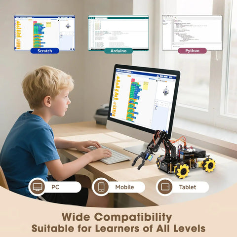 Programmable Robotic Arm Kit With 5DOF For Kids And Teens, ESP32 Arduino Python Blockly Coding, App Control And Remote, STEM DIY Gift For Ages 8-16 And Up, Learn To Grab, Lift, And Place Objects. Boy using 5DOF robotic arm with PC, mobile, and tablet coding screens