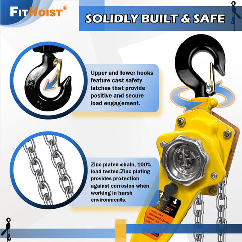 Beefy 3/4 Ton Chain Hoist With 1650 Lb Capacity 10 Ft Lift Manual Lever Hoist Manganese Steel G80 Chain Two Heavy Duty Hooks