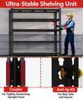 60 Inch Wide Heavy Duty Garage Storage Shelves, 72 Inch Tall Metal Racking System That Holds Up To 3000 Pounds Per Shelf, Perfect For Tires, Large Boxes, Fish Tanks, Reptile Enclosures, Tools And More., black metal garage shelving with coupler and anti-tip kit shown