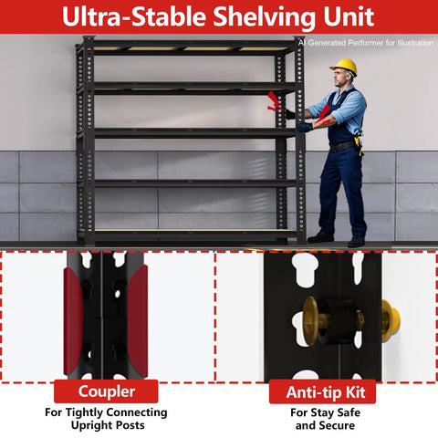 60 Inch Wide Heavy Duty Garage Storage Shelves, 72 Inch Tall Metal Racking System That Holds Up To 3000 Pounds Per Shelf, Perfect For Tires, Large Boxes, Fish Tanks, Reptile Enclosures, Tools And More., black metal garage shelving with coupler and anti-tip kit shown