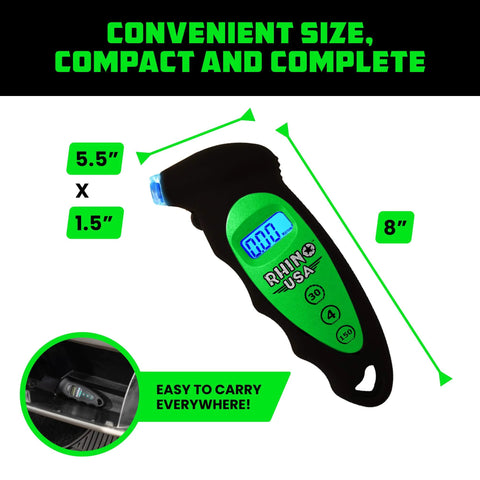 Rhino USA digital tire pressure gauge with green/black ergonomic handle, 150 PSI, lighted nozzle and LCD display