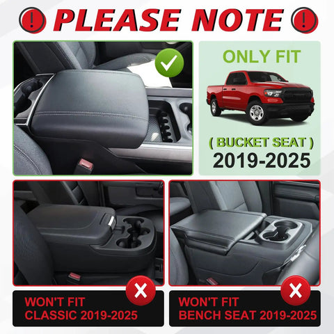 Dodge Ram Center Console Armrest Cover for 2019-2026 Ram 1500 2500 3500 bucket seat, vegan leather, easy fit.