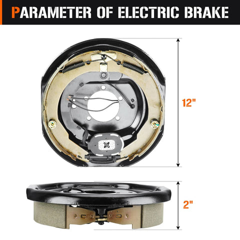 2-pack 12x2 inch electric trailer brake assemblies for 5,200–7,000 lb trailers, front and side views, Amazon brand.