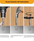 Screw Extractor Set Instructions showing drill bit, extractor placement, and counterclockwise removal process.