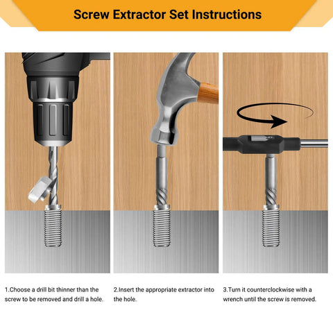 Screw Extractor Set Instructions showing drill bit, extractor placement, and counterclockwise removal process.