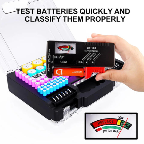 Big Ol Ultra Large Double Sided Battery Organizer Case With Tester And Handle Stores AA AAA C D 9V Lithium 18650 And More 262 Plus Capacity BT 168 Battery Checker Ideal For Home Garage Workshop Or Emergency Kits. Black plastic battery organizer with BT-168 tester