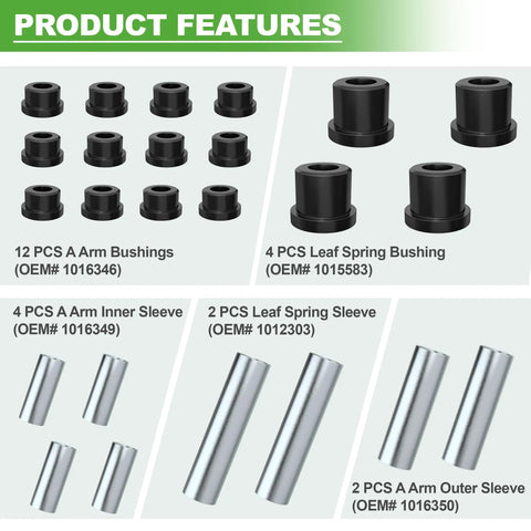 Heavy Duty Golf Cart Front Suspension Kit For Club Car DS 1992 Up 12 Piece Spring Bushing Set With Sleeves, black and silver bushings