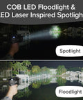 Monster Bright Rechargeable Spotlight With 10 Modes And Turbo Boost To 100 Percent Built In Kickstand And USB Phone Charger Ideal For Camping And Emergencies 9 Inch Black Flashlight As Seen On TV featuring COB LED floodlight and laser spotlight modes at waterfront