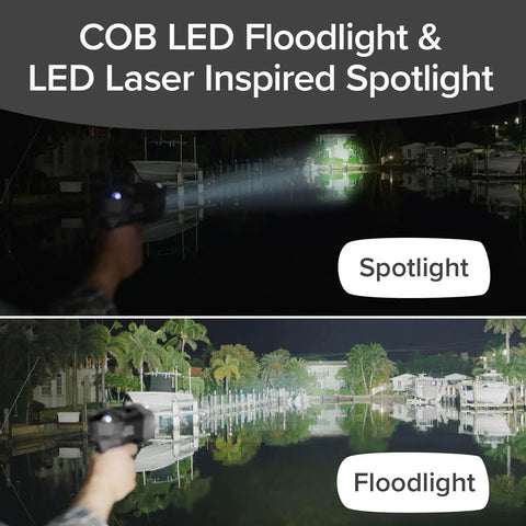 Monster Bright Rechargeable Spotlight With 10 Modes And Turbo Boost To 100 Percent Built In Kickstand And USB Phone Charger Ideal For Camping And Emergencies 9 Inch Black Flashlight As Seen On TV featuring COB LED floodlight and laser spotlight modes at waterfront