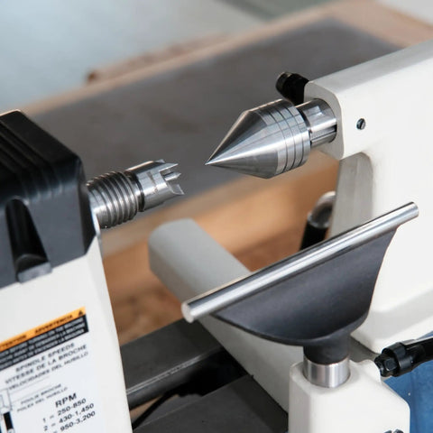 Wood Lathe MT2 Centers Set With Live Center Five Eighths Inch Diameter And Four Pronged Drive Center One Inch Diameter on lathe