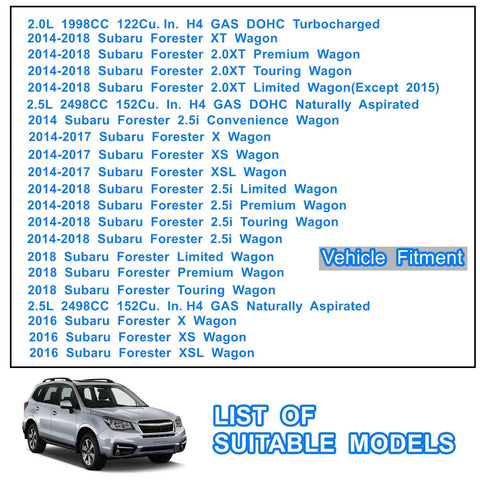 List of compatible models for Subaru Forester Tailgate Lift Supports Set Left and Right for 2014 2015 2016 2017 2018.