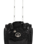 Front view of black Underseat Luggage Bag With Croco PVC Finish 15 Inch Carry On For Women Lightweight Travel Buddy with telescopic handle.