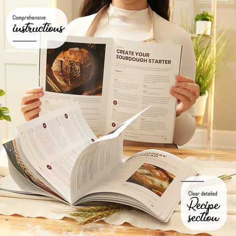Person holding open book from All In One Sourdough Starter Kit With Pot 34 Oz Starter Jar 4 Banneton Baskets Scraper Scale Kit