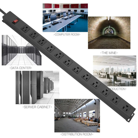 Metal Wall Mount Power Strip With 12 Wide Spaced Outlets Beefy Aluminum Mount Socket displayed with usage examples.