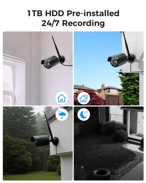 Home Security Camera System With 4 Outdoor 5MP Cameras 16 Channel NVR And 10.1 Inch LCD Monitor, cameras in different settings.