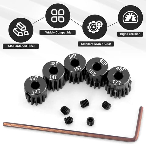OGRC Hardened Steel 48P Pinion Gears 13T 14T 15T 16T 17T With 3.175mm Shaft For Traxxas Arrma HSP HPI AXIAL Losi Tamiya 1x10 RC Cars Beefy Gear Set For Easy Ratio Tuning