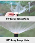 Automatic 360 Degree Rotating Garden Sprinkler with Durable Plastic Cart spraying in 60° and 180° modes for lawn irrigation