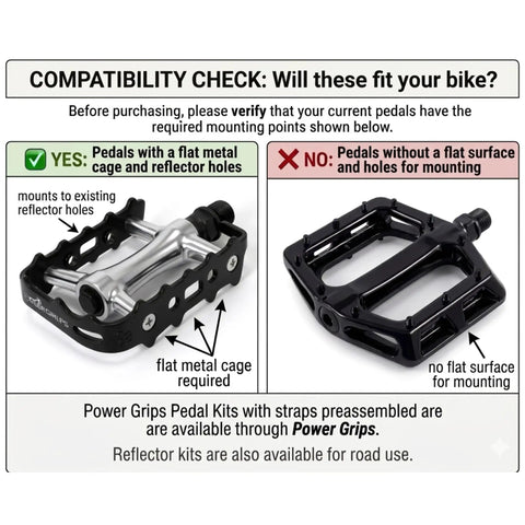 Pedal compatibility diagram for Toe Clip Pedal Strap Set Black 295mm For Pedals Hands Free Power Boost For Mountain Road And Recumbent Bikes.