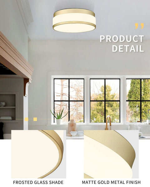 Gold Ceiling Light With Frosted Glass Flush Mount LED Hallway Fixture, Dope Modern Gold Metal Finish, 11 Inch Diameter, E26 Base