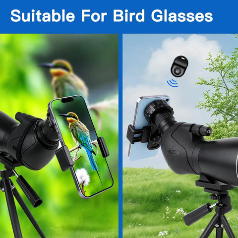 Smartphone Telescope Adapter Mount For 16 To 50mm Eyepieces Universal Clip On Attachment with phone displaying bird image.