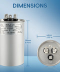 Dual Run 45 Plus 5 MFD AC Capacitor 440V For Heat Pumps And Air Conditioners Replaces 370V And 440V Units dimensions detail