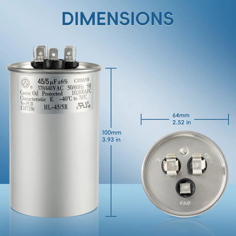 Dual Run 45 Plus 5 MFD AC Capacitor 440V For Heat Pumps And Air Conditioners Replaces 370V And 440V Units dimensions detail