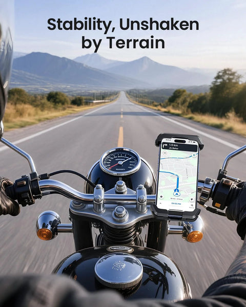 No Jiggle Anti Shake Motorcycle Phone Mount With 2026 Dual Vibration Dampener Universal Bike Phone Holder installed on handlebars