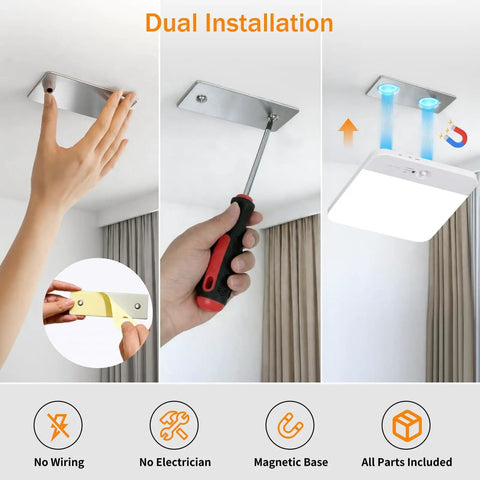 Dual installation steps for Rechargeable Motion Sensor LED Ceiling Light No Hassle Remote Included Wireless Battery Operated Closet Light