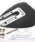 Whale Tail Hydrofoil Stabilizer for 8 to 40 HP outboard motors, silver finish, shown with installation kit and instructions.