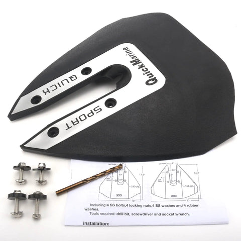 Whale Tail Hydrofoil Stabilizer for 8 to 40 HP outboard motors, silver finish, shown with installation kit and instructions.