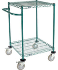 Slick Rolling Heavy Duty Two Shelf Utility Cart In Poly Green With Adjustable Racks And Smooth Five Inch Polyurethane Brake Casters side view with storage racks.