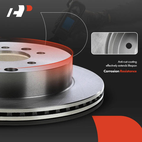 Heavy Duty Front Vented Disc Brake Rotors Two Pack Measures 11.02 Inches Fits Nissan Cube Sentra Versa 2007 To 2014, detailed view highlighting anti-rust coating.
