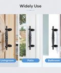 9 Inch Barn Door Pull Handle Set In Rustic Black Aluminum installed on wood and white doors in living room, patio, and bathroom.