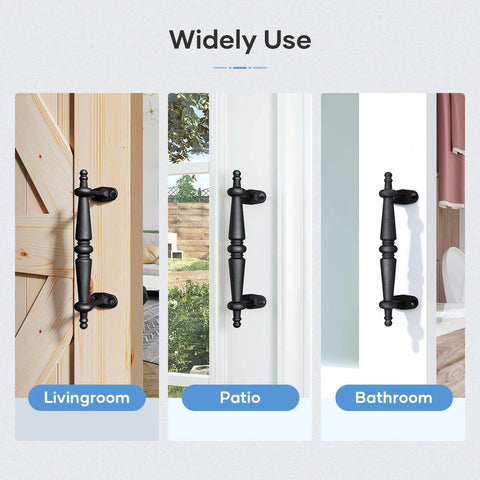 9 Inch Barn Door Pull Handle Set In Rustic Black Aluminum installed on wood and white doors in living room, patio, and bathroom.