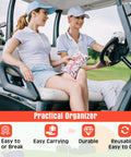 Two people sitting in a golf cart holding a Golf Makeup Bag Set 24 Pieces Bulk Canvas Cosmetic Pouches Zip Bags 7 x 4 Inches