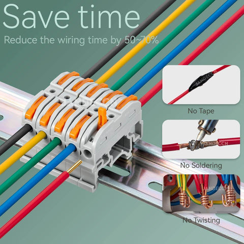 50 Pack DIN Rail Terminal Blocks For 24 To 12 AWG Wire Compact Conductor Connectors Insulated Flame Retardant Corrosion Resistant Easy Lock To DIN Guide Built Tough For Control Panels showing easy wire installation